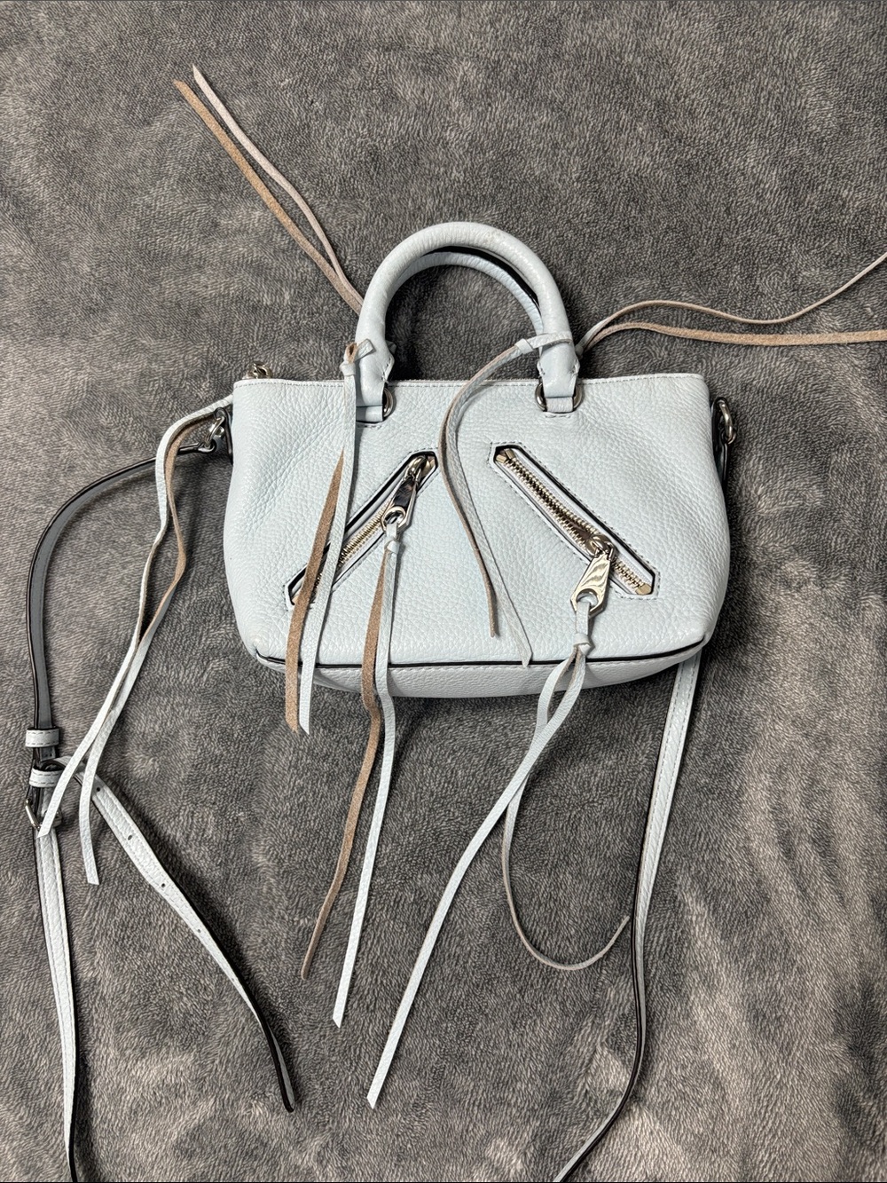 Rebecca Minkoff Leather Mini Satchel in Light blue with Fringe Zippers